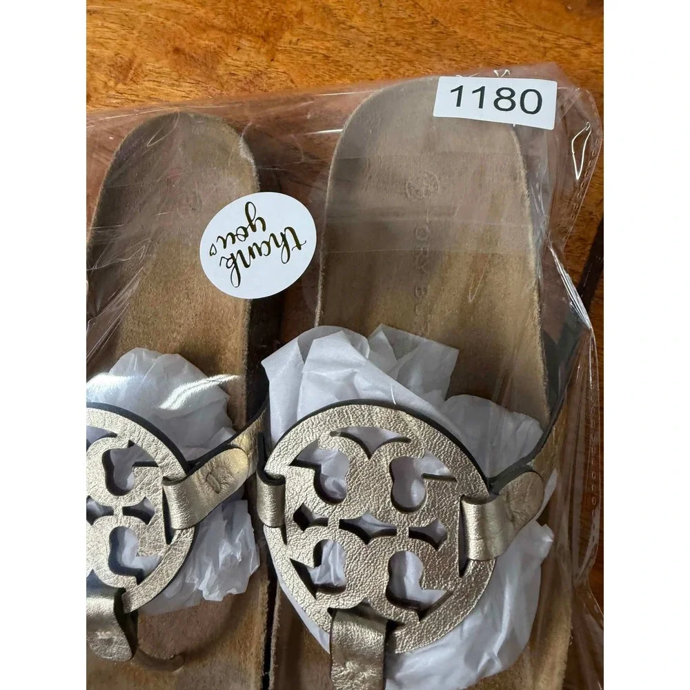 Tory Burch Miller Cloud Metallic Gold Leather Thong Sandals Womens 8.5